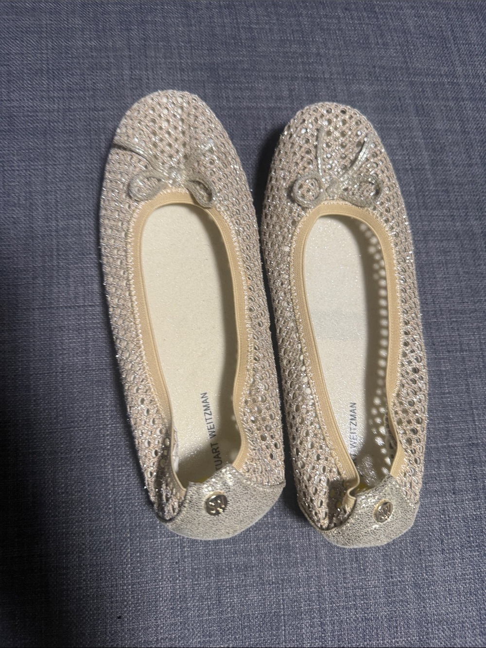 NWOT Stuart Weitzman Glittered Champagne Bow Flats